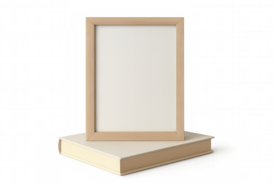 Blank wooden picture frame standing on a book, creative home decor display mock-up, transparent background