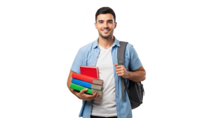 Cheerful Student with Books: A bright and confident student stands ready for learning, clutching a stack of colorful books and a trusty backpack, representing dedication and the pursuit of knowledge.