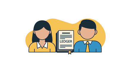 Two people standing next to a ledger book.