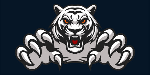 A white tiger with orange eyes and claws outstretched, symbolizing strength and dominance.