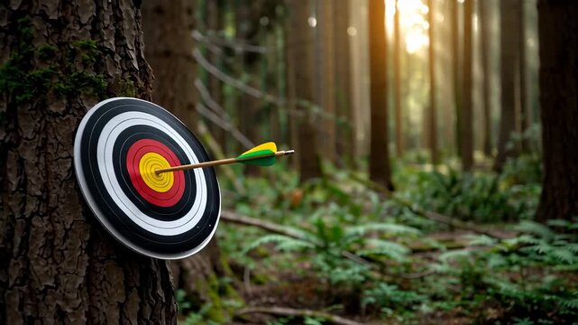 Perfect aim demonstrated as arrow hits center of target in forest