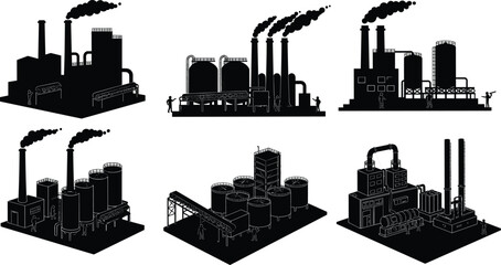 Obraz premium Industrial factory silhouette set, black manufacturing plant icons, chimneys with smoke, refinery structures, workers, pipes, tanks, urban industry design