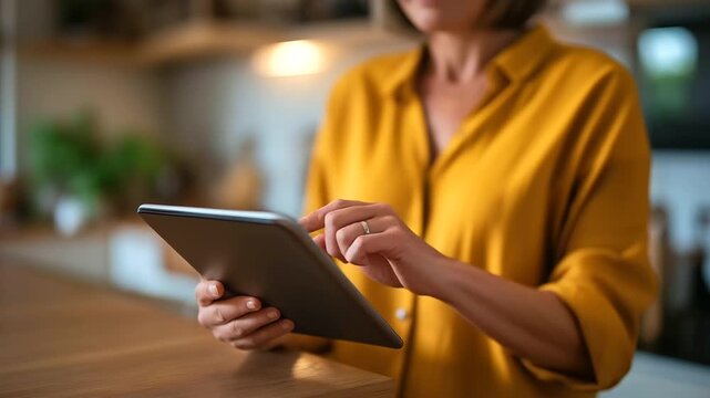 Tablet with a security interface on a kitchen counter a woman adjusting a bag in the background sunlight streaming in smart home security digital interface modern kitchen tec