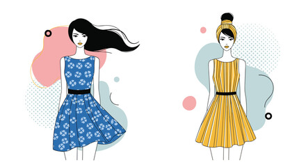 Two stylish women in summer dresses and unique hairstyles.