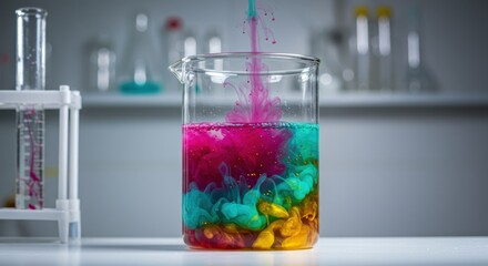 Colorful Liquid Mixture with Swirling Patterns in Laboratory Beaker with Scientific Equipment