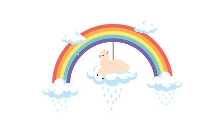 A fluffy llama peacefully rests on a cloud beneath a vibrant rainbow with gentle rain falling.