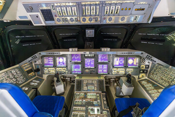 Illuminated Space Shuttle Endeavour Cockpit at Houston Space Center