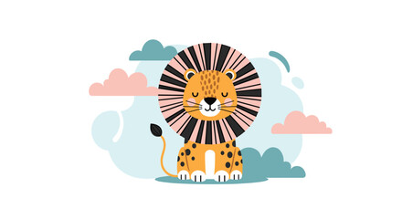 Cute cartoon lion with fluffy mane sitting among soft clouds and sky.