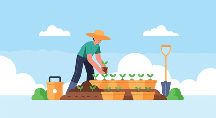 A farmer carefully planting young seedlings into the soil in a sunny garden.