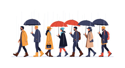 People walking in the rain holding umbrellas and using smartphones.