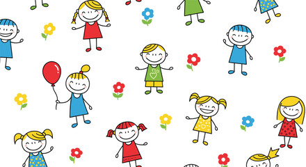 A playful seamless pattern featuring hand-drawn cheerful children and colorful flowers for kids' designs.