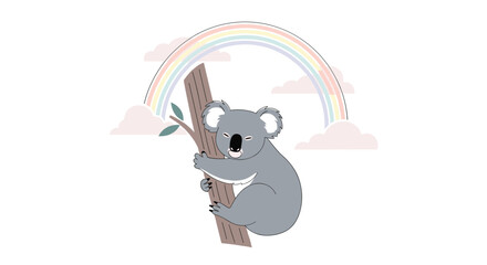 A cute koala climbing a tree under a rainbow and clouds.