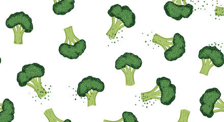 A delightful pattern of fresh green broccoli florets scattered across a clean white background.