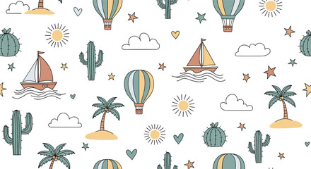 A whimsical pattern featuring hot air balloons sailboats cacti and palm trees.