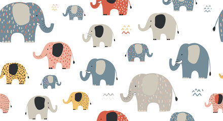 A whimsical seamless pattern featuring a herd of playful elephants of various sizes and colors on a clean white background. 