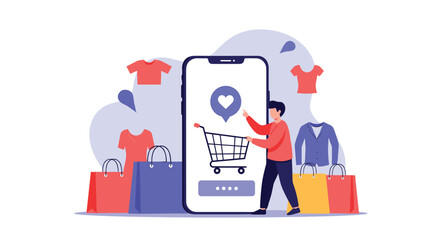 A person uses a smartphone app to shop for clothes online with various items appearing.