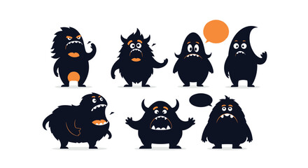 A group of cute and spooky cartoon monsters expressing various emotions with speech bubbles.