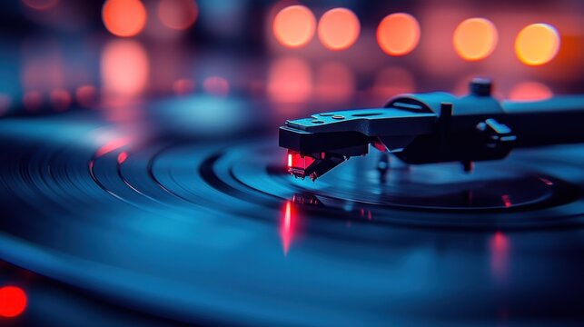 Close-up of turntable needle on record - Powered by Adobe