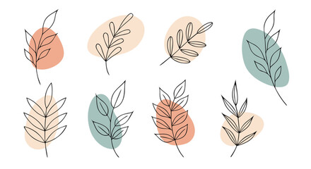Set of abstract botanical line art illustrations with pastel organic shapes for decorative design elements

