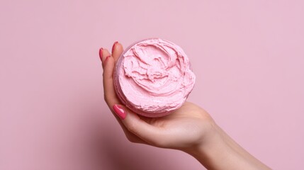 hand holding whipped pink body cream,