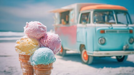 Colorful ice cream cones on the beach with a retro food truck