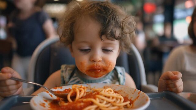 Messy toddler enjoying spaghetti in high chair&mdash;capturing childhood joy, food exploration, and candid mealtime moments.