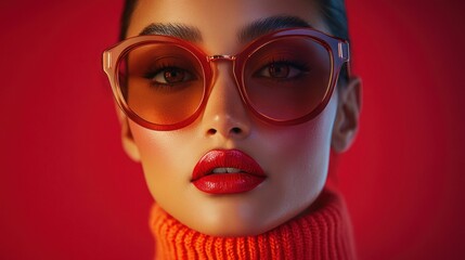 Close-up of woman in round sunglasses, vibrant orange turtleneck, red backdrop © RONNY