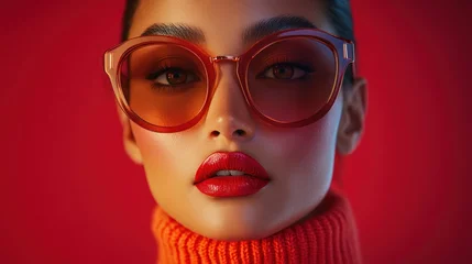 Close-up of woman in round sunglasses, vibrant orange turtleneck, red backdrop © RONNY