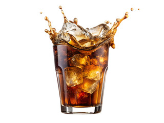 A glass of cola with ice cubes splashing isolated on transparent background