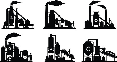Industrial recycling plant silhouette vector set, factory waste management illustration, pollution control, eco-friendly processing, black and white icons.