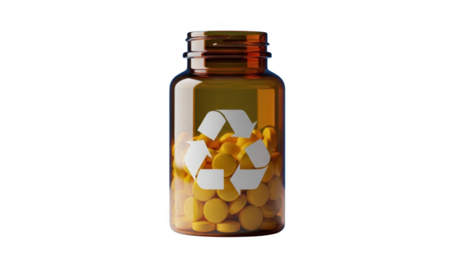 Recycle Medicine: A close-up shot of a pill bottle filled with yellow pills, bearing a recycle symbol, symbolizes responsible medication practices.