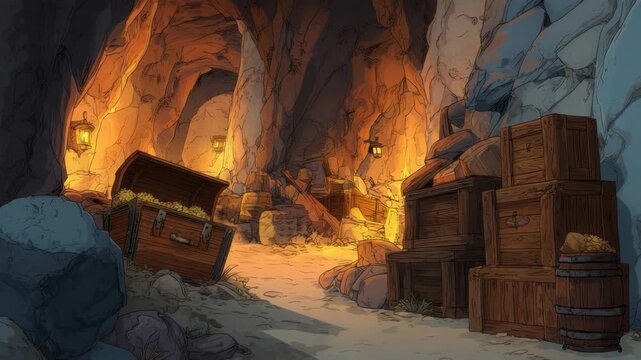 Hidden cave filled with gold-filled treasure chests, wooden crates and barrels, hand-drawn style, glowing lantern-lit rocky background