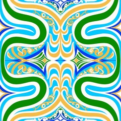 Classic seamless ornamental pattern featuring green, gold, and blue curves with elegant decorative details. Inspired by art nouveau and traditional arabesque motifs, ideal for fabric or wallpaper
