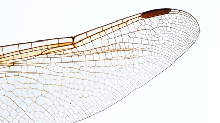 A macro photo of a dragonfly's wing structure isolated on a white background,