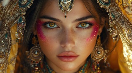 Close-up, ornate woman, golden attire