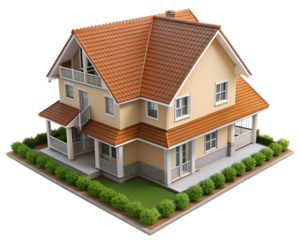 A detailed architectural model of a modern twostory house with a red tiled roof, isolated on transparent background