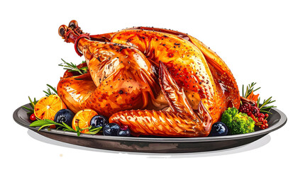 Roast turkey dinner with garnishes on platter, transparent background