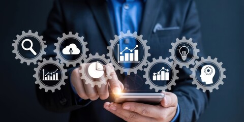 Digital Transformation: A person in a suit expertly navigates a digital interface, represented by interconnected gears, highlighting innovation and progress in a modern digital landscape.