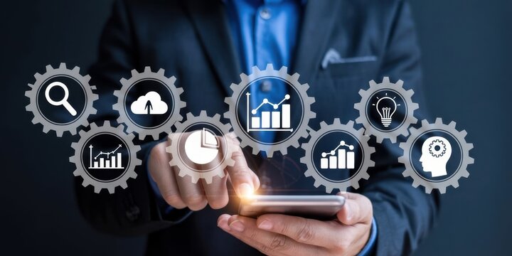 Digital Transformation: A person in a suit expertly navigates a digital interface, represented by interconnected gears, highlighting innovation and progress in a modern digital landscape.