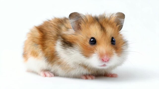 Adorable fluffy brown and white hamster in close-up photography style on plain white background. Concept of pets, cuteness, and small animals