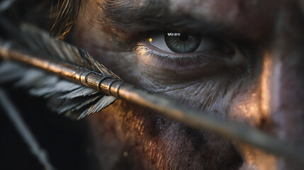 close-up of male archer drawing his bow, eyes perfectly focused, arrow tip glowing in sunlight, shallow depth of field, cinematic bokeh, hyper-realistic detail, fine art photography 