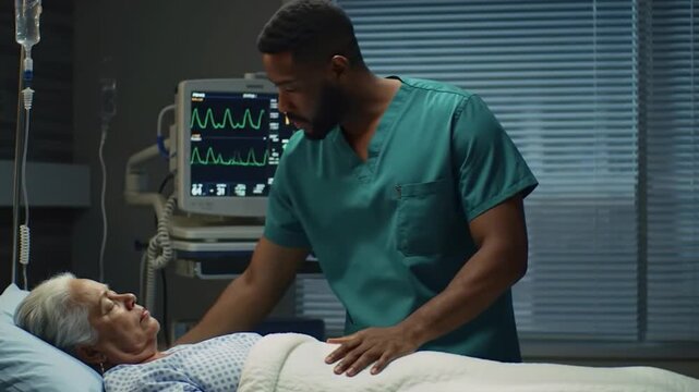 Caring nurse checking on a sleeping patient during a quiet hospital night shift.