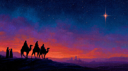 Naklejka premium Three wise man on hopeful journey follow bright star at twilight