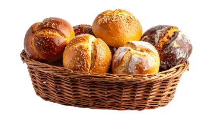 Basket filled with fresh baked bread rolls on transparent background