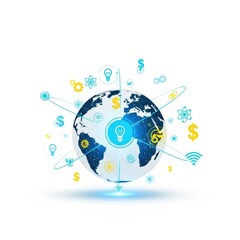 Obraz premium Global Innovation Concept with Light Bulbs, Technology Icons and Currency Symbols on Earth