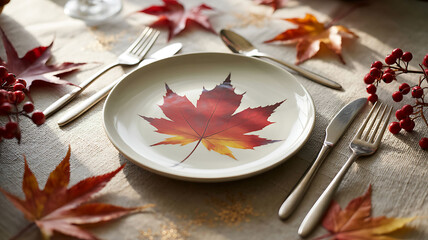 Autumn Table Setting with Maple Leaf Plate and Berries