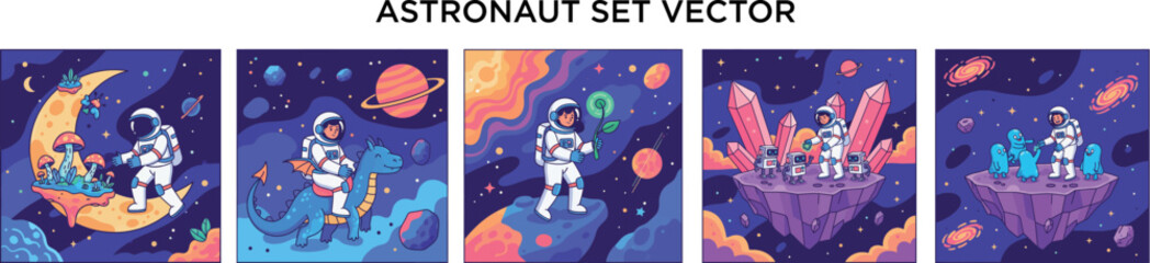 Fototapeta premium astronaut Vector Set – Cute 2D Flat Space Illustration with Planets, Robots