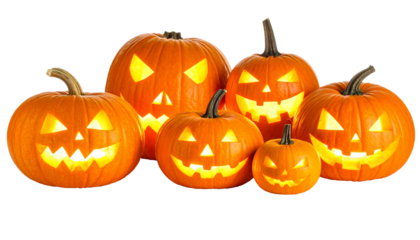 Group of glowing jack-o'-lanterns for halloween celebration
