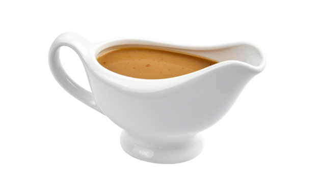 Gravy boat filled with brown sauce on transparent background