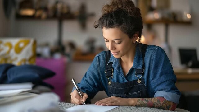 Tattooed woman crafting a rug on a low stool tufting gun humming surrounded by yarn and sketches in a bright workshop rug crafting textile artistry handmade rug creative stud